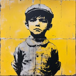 Example of a street art stencil piece on a textured yellow wall: a high-contrast black and yellow portrait of a retro child, in the style of a Titi Parisien, echoing the graphic approach of urban artists like C215 and Banksy.