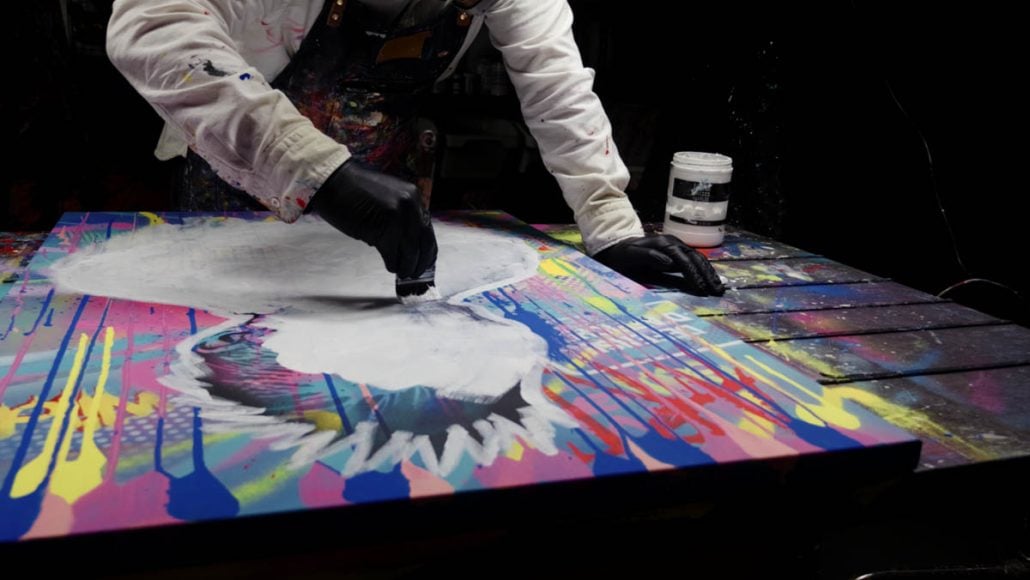 Inside of the Van Gogh Punk stencil filled with white paint with background showing through