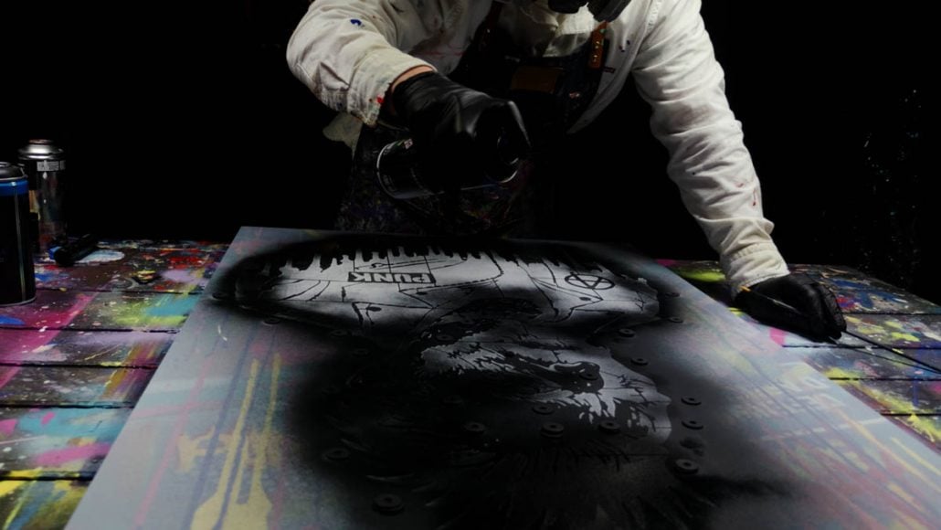 Van Gogh Punk portrait sprayed in black with stencil on street art canvas