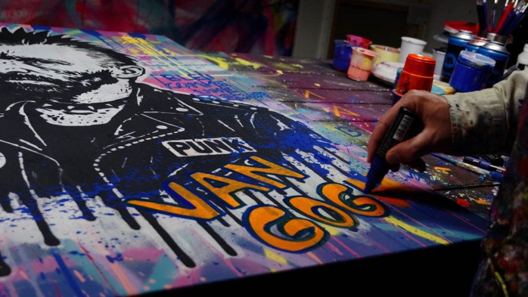 Finished artwork Art is My Revolt with blue splashes and orange Van Gogh inscription)