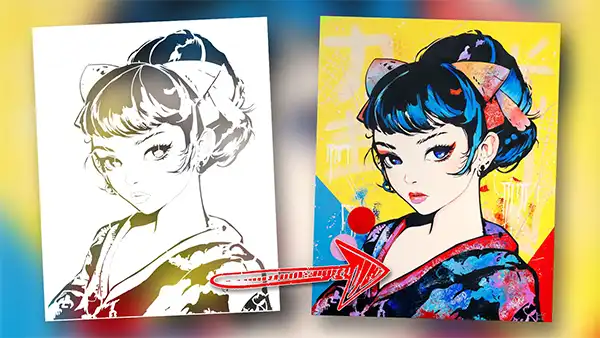 Before and after using the Geisha Moderne stencil to create the Pixel Geisha artwork by John Beckley — a fusion of manga and contemporary art.