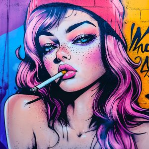 Artwork created using the “smoking woman portrait with beanie” stencil, featuring a stylized female face in a Street Art style.