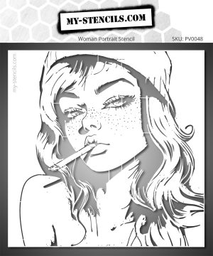 Smoking woman in a beanie portrait stencil motif, stylized female face with cigarette and freckles.