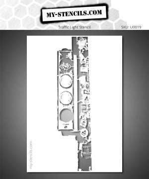 Stencil depicting an urban traffic light in a textured street art style
