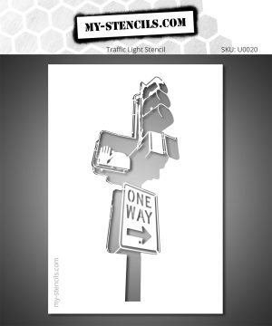 Urban stencil depicting a traffic light with a One Way sign in a street art style