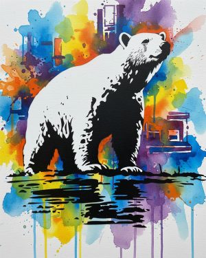 Watercolor painting using the standing polar bear stencil with water reflection — a Nordic animal motif for mural art and DIY painting projects.