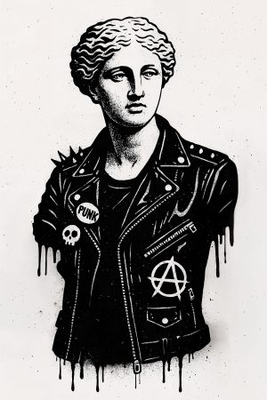The famous Venus de Milo statue reimagined as a punk icon: spiked jacket, rebellious attitude, and street art spirit. A precise, reusable stencil that adds a modern and expressive touch to any surface.
