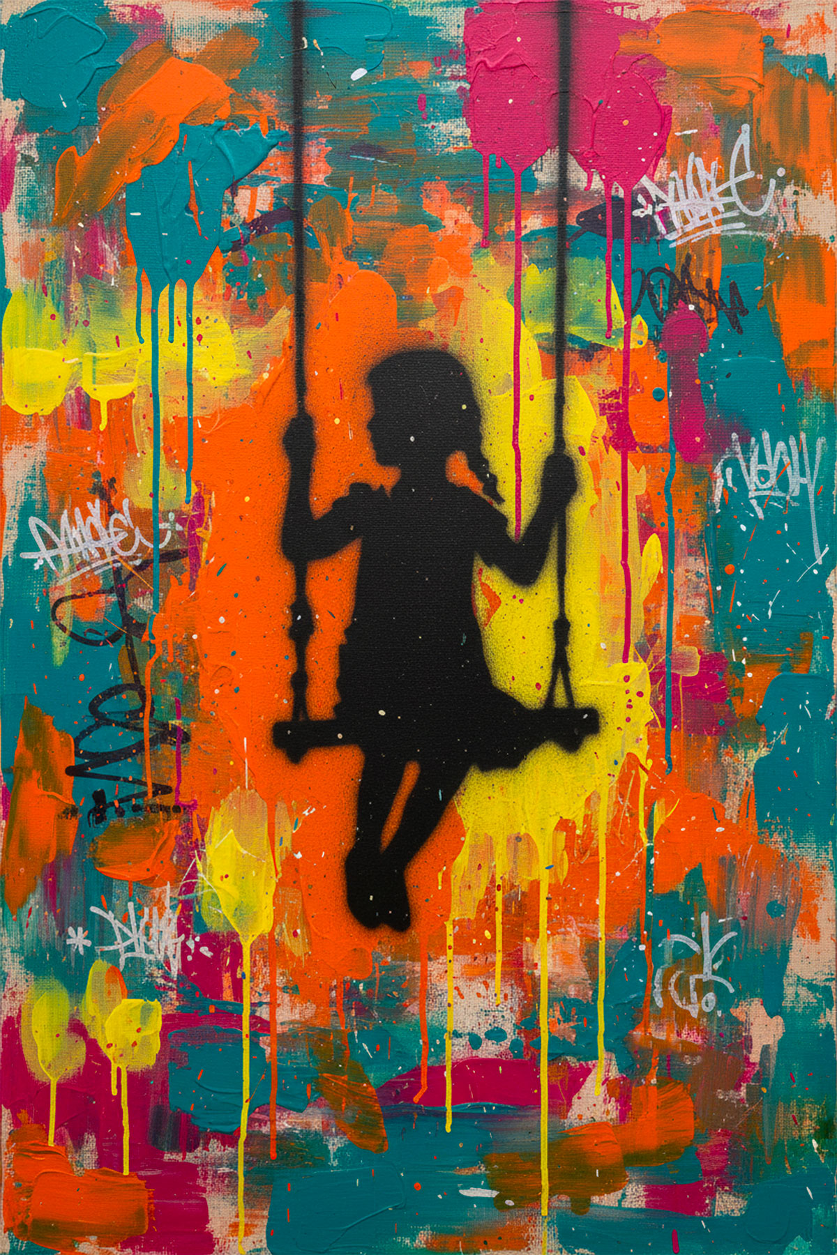 Street art stencil depicting the silhouette of a little girl sitting on a swing, applied in black over a multicolored graffiti background with paint splashes. An expressive urban artwork reminiscent of Banksy’s style.