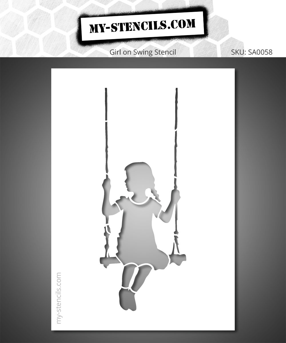 Street art stencil depicting a girl on a swing. A simple yet emotion-filled silhouette in a raw, urban style inspired by Banksy.