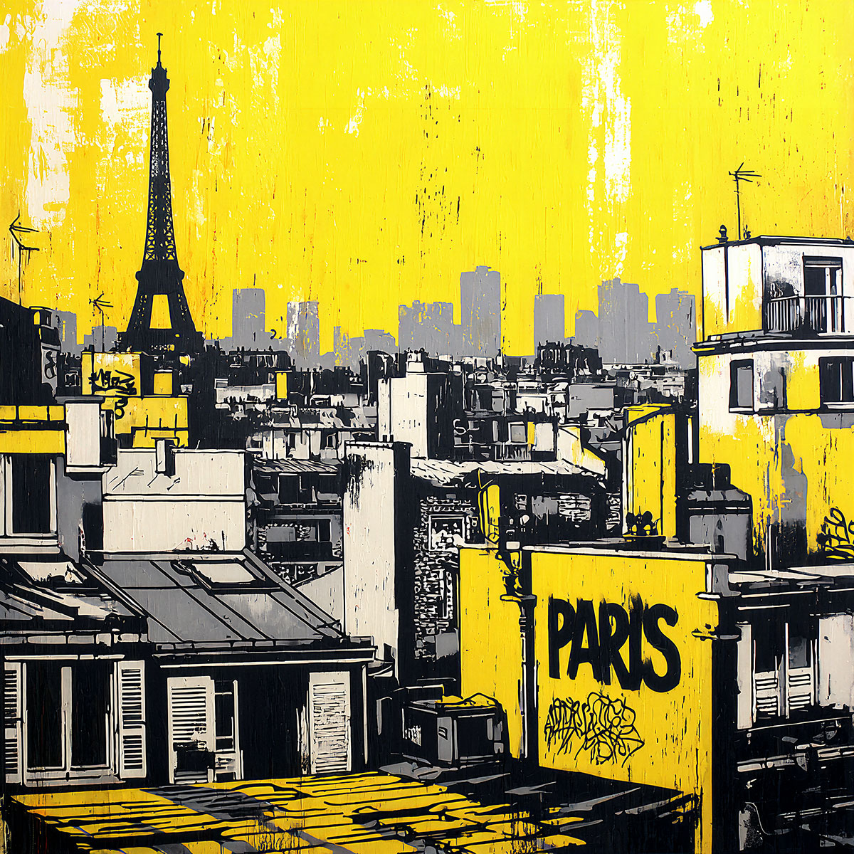 Example of street art created with the Paris Urban Rooftops stencil