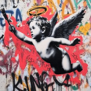 Wall painted with a Cherub Angel using a paintbrush - Inspired by Street Art and Graffiti