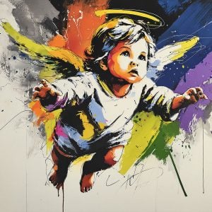 Colorful painting of an angel using the cherub stencil