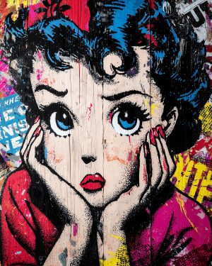 Colorful pin-up portrait created with a stencil using bright colors against a street art background