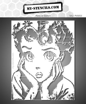 Stencil portrait in vintage pin-up style showing a female face inspired by famous cartoons.