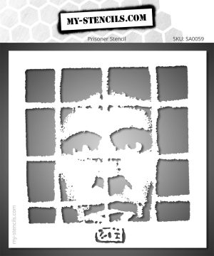 Stencil depicting a man's face behind prison bars