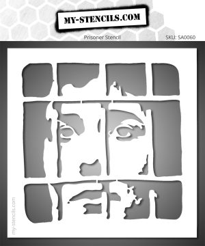 Stencil depicting a man's face divided into sections by horizontal and vertical bars