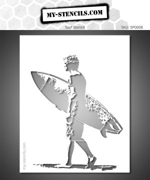 Stencil of a surfer walking with a board.