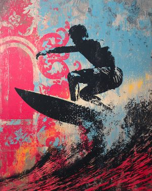 Painting inspired by a silhouette of a surfer on a colorful wave