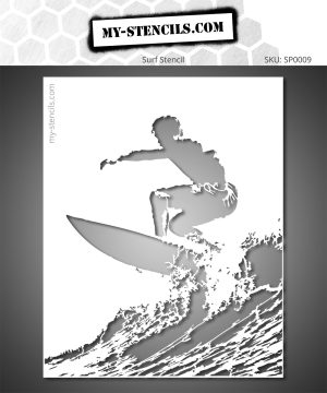 Stencil depicting a surfer riding a wave