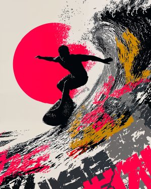 Artistic creation showing a surfer on a wave - stenciled