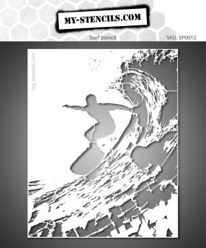 Stencil depicting a surfer on a big wave.