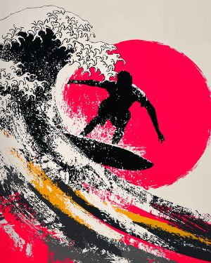 Artistic result of a surfer stencil used with bright colors