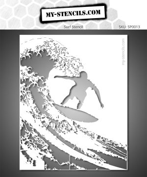 Stencil depicting a surfer on an ocean wave
