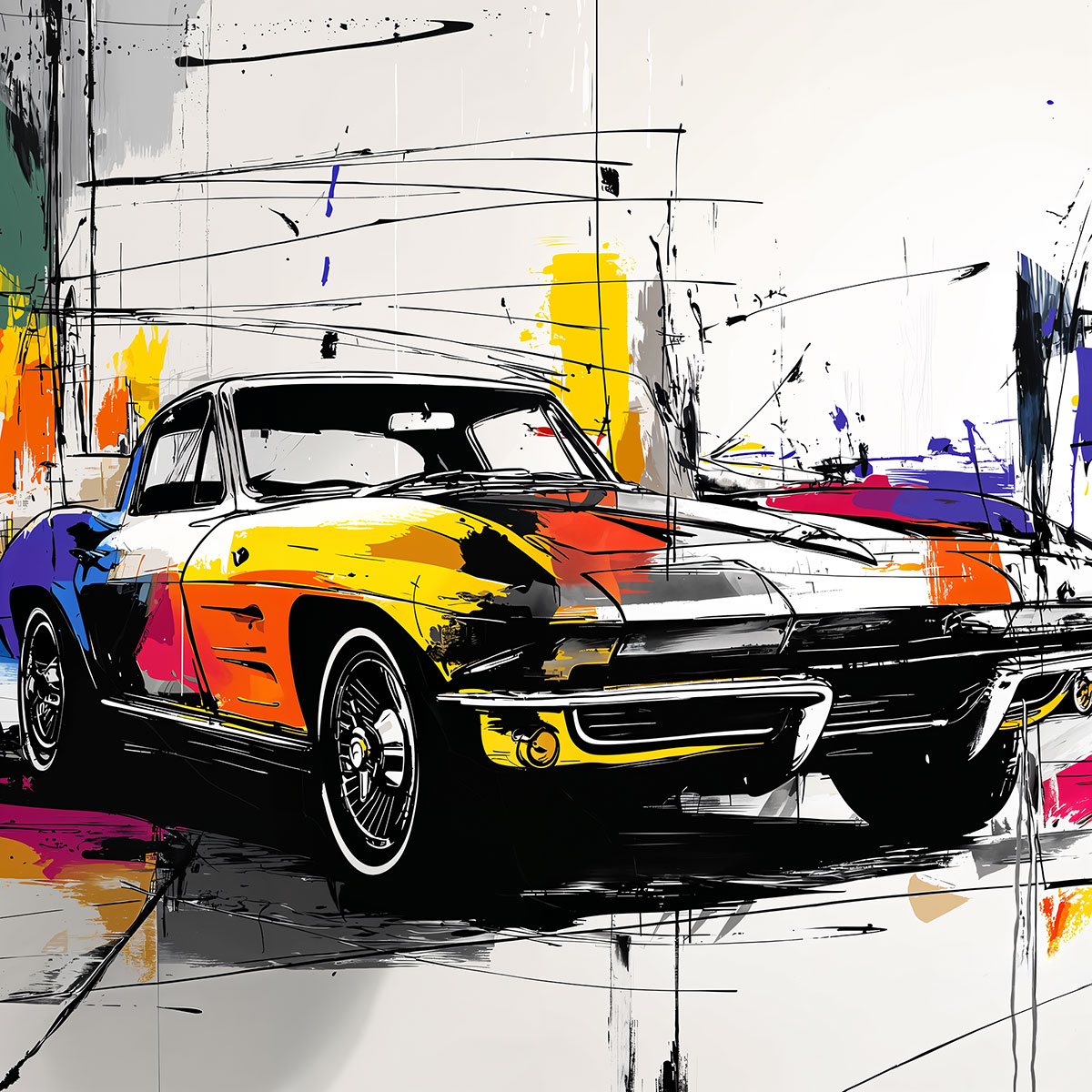 Artwork created using the American Corvette Stencil – a vintage automotive stencil for customizing furniture, textiles, walls, and creative projects.