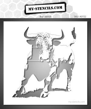 Stencil of a bull with impressive horns and a charging stance