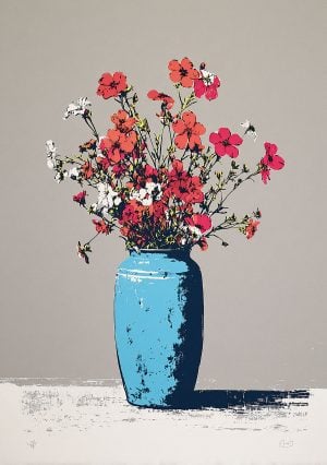Colorful floral illustration with a blue vase - created with professional-grade stencil.