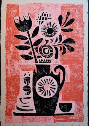 Graphic illustration with strong influences from Matisse–Dufy and a handcrafted aesthetic thanks to the Floral Still Life Stencil.