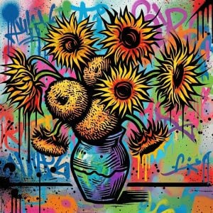 Street art interpretation of Van Gogh's sunflowers with the stencil