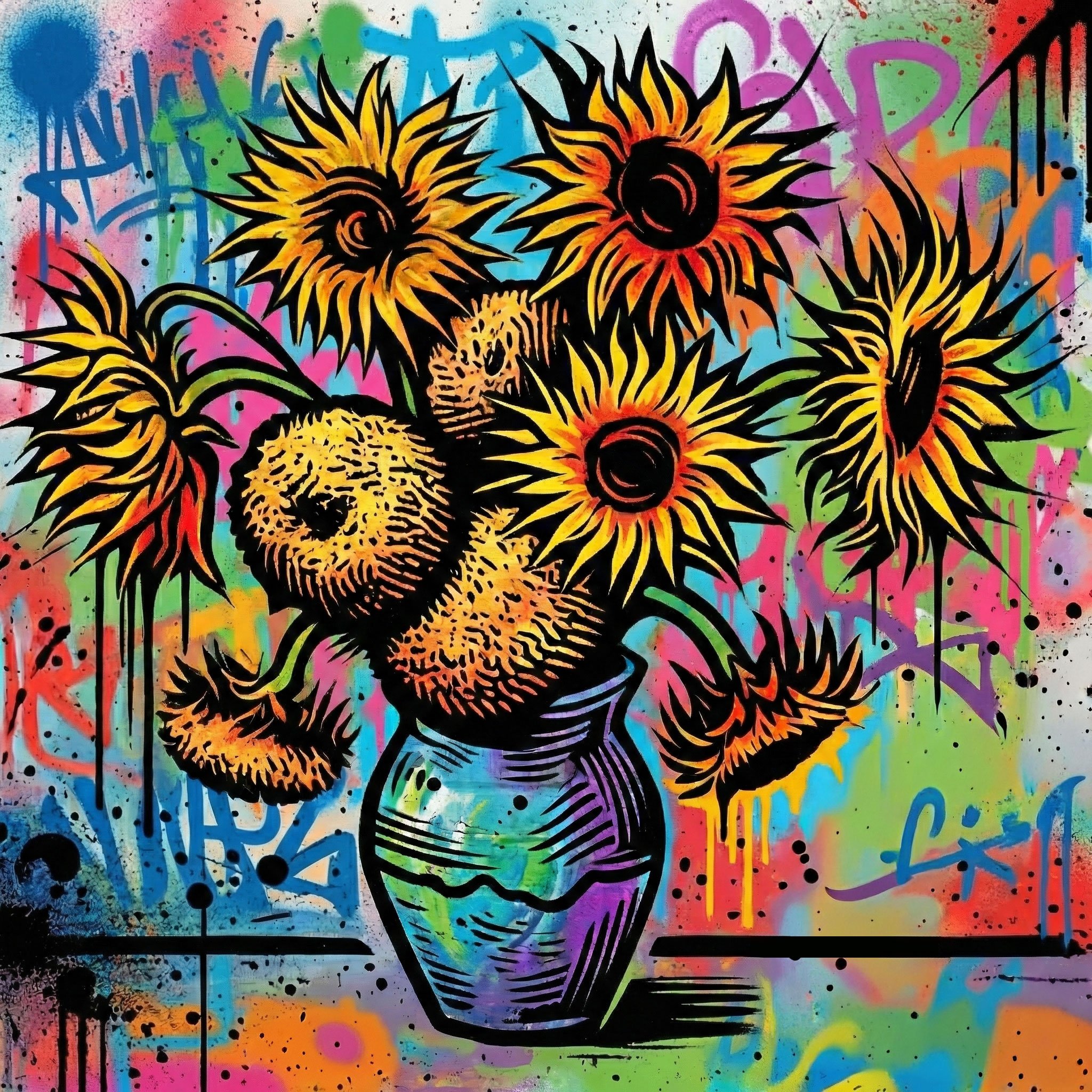 Street art interpretation of Van Gogh's sunflowers with the stencil