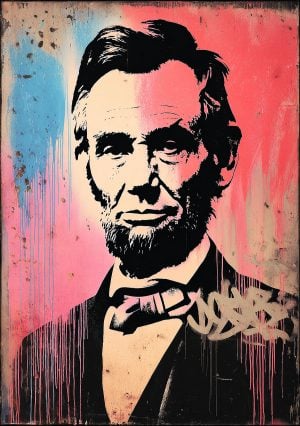 Wall decoration portrait of Abraham Lincoln, American president, street art style, colorful background, modern loft office vibe