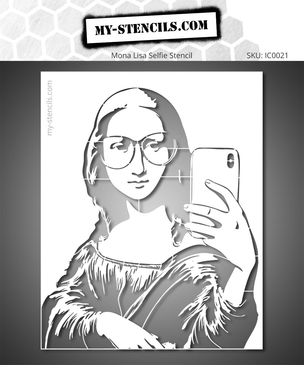 Stencil showing Mona Lisa taking a selfie. A bold blend of classical art and urban culture.