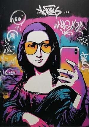 Art inspired by the Mona Lisa Selfie stencil with bright colors and graffiti