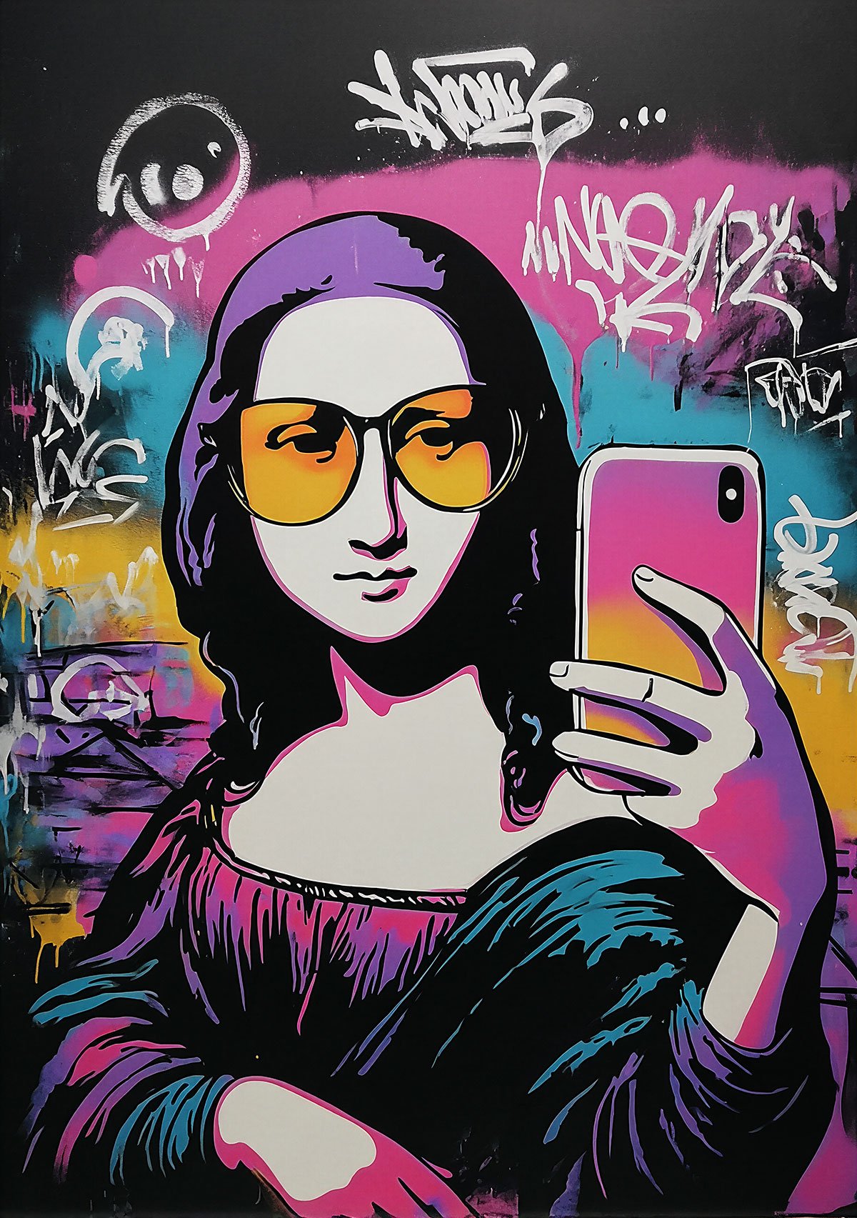 Art inspired by the Mona Lisa Selfie stencil with bright colors and graffiti