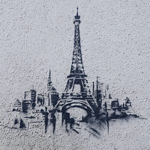 Inspiration created with the Parisian Horizon stencil – street art effect mural on a textured wall
