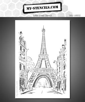 Stencil of the Eiffel Tower with Parisian buildings - sketch style and composition that emphasizes a centered view of this iconic French monument.