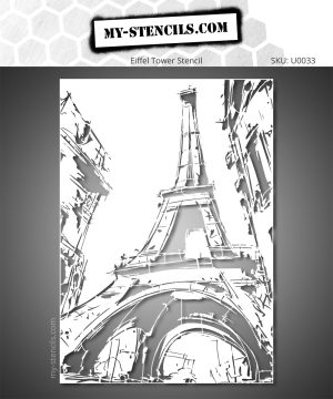 Stencil of the Eiffel Tower between Parisian buildings - Street Art Sketch
