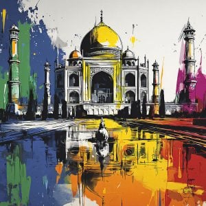 Colorful illustration inspired by the Taj Mahal with vibrant paint touches and a travel vibe