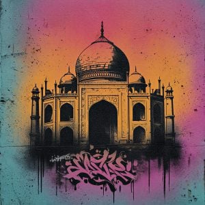 Illustration inspired by the Taj Mahal with a color gradient on a colorful graffiti canvas blending culture and urban art.