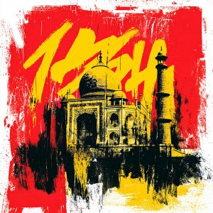 Colorful artistic creation using a raw and urban stencil of the Taj Mahal
