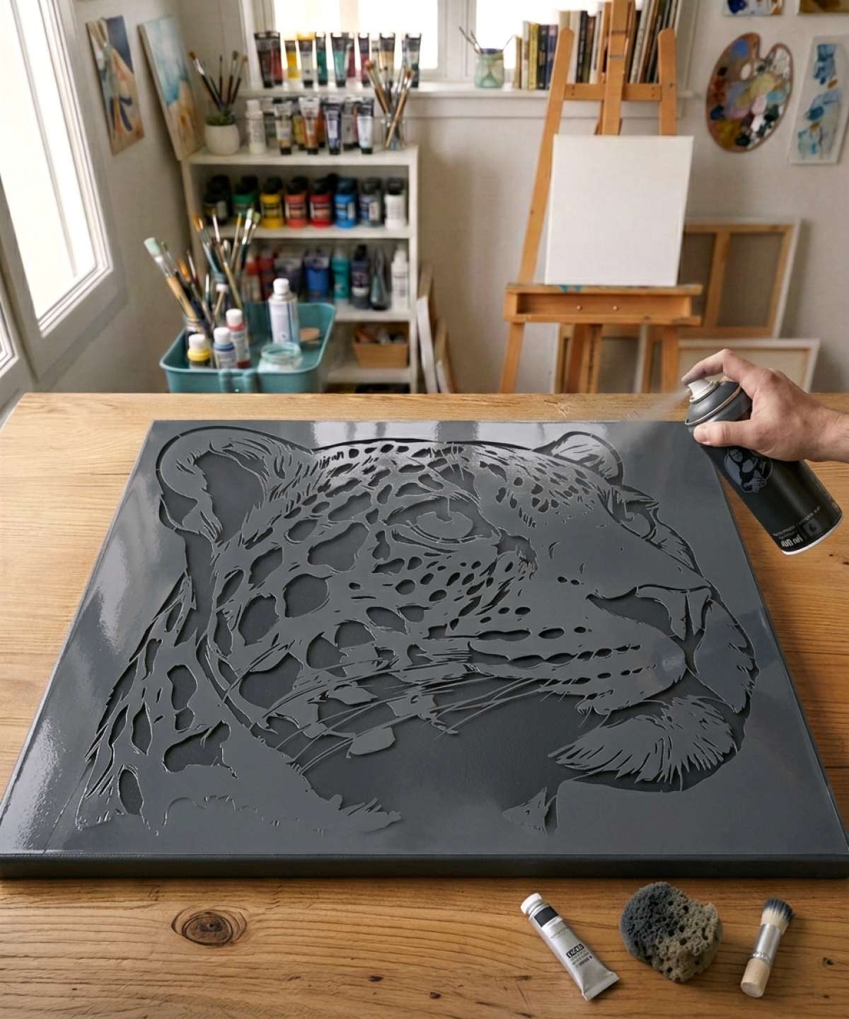 leopard stencil stencil painted on canvas for an animal portrait painting