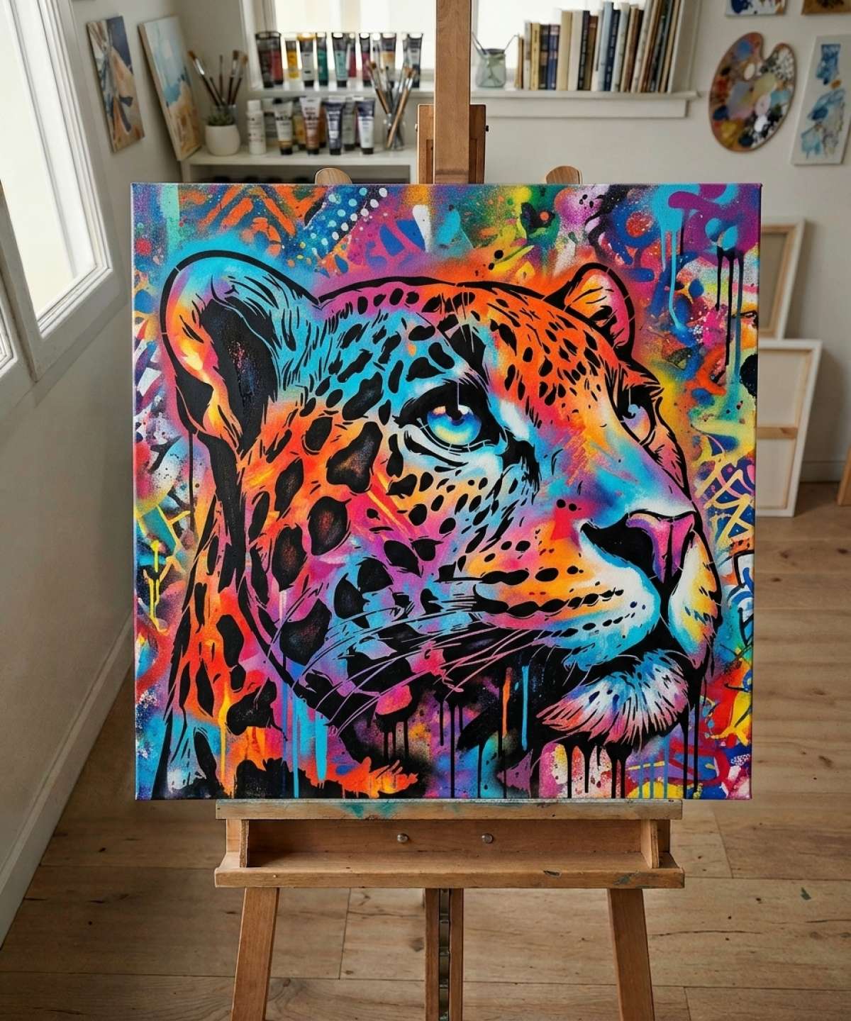 leopard stencil stencil result painted in colorful street art with spray paint and brushwork style in workshop