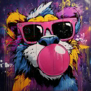 Colorful painting of a small lion wearing sunglasses and blowing a bubblegum bubble