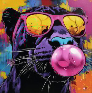 Artistic inspiration of a panther with glasses and chewing gum - pop art and street art style