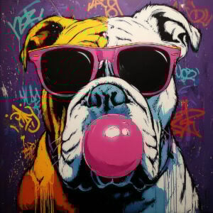 Painting inspired by a stencil of a dog with glasses and bubble gum - Cool and intriguing.