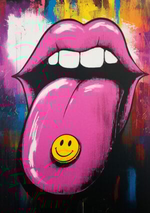 Art inspired by a stencil of lips with tongue and smiley - Bold and visually striking