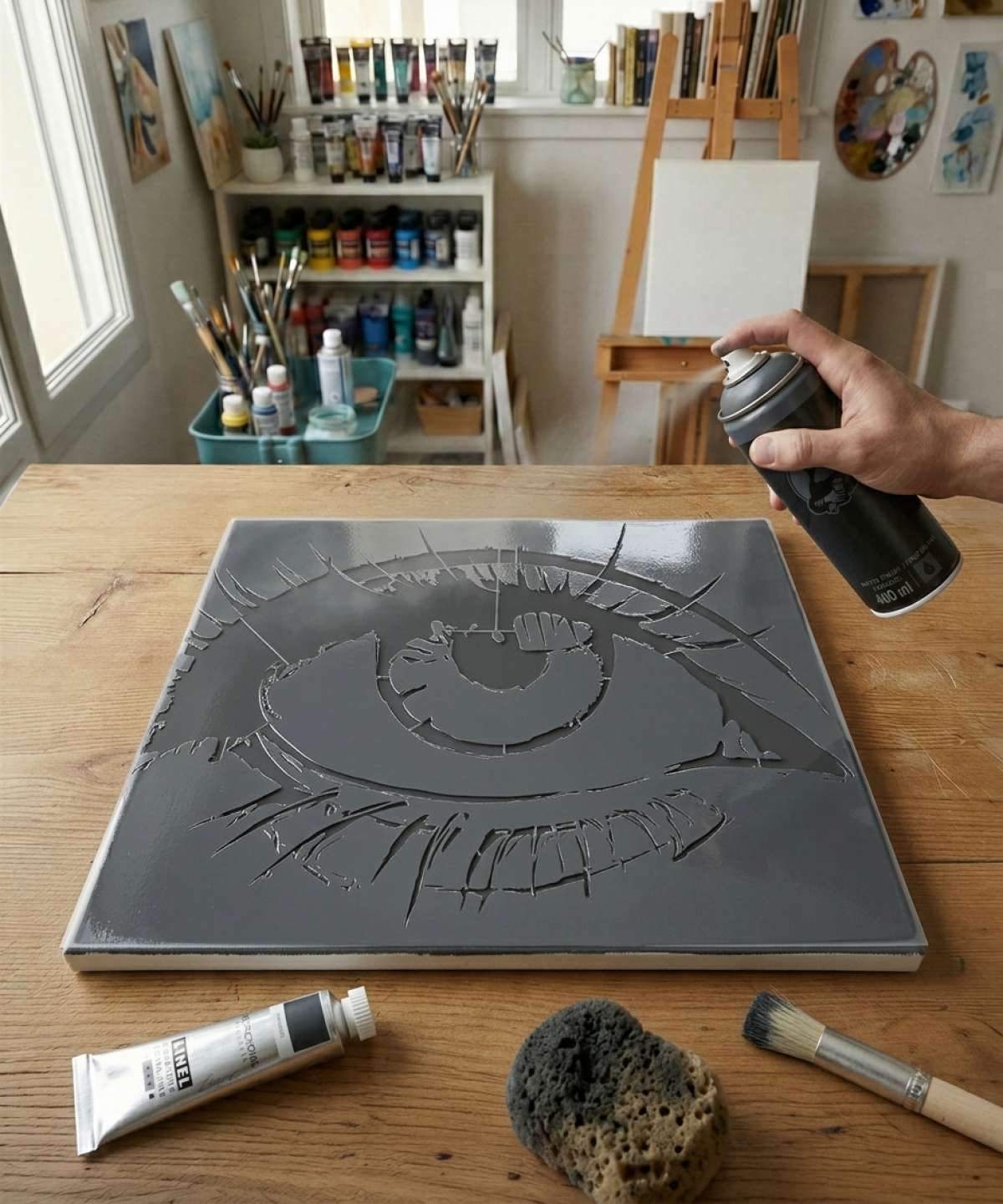 Intense Gaze Stencil stencil painted on canvas for a pop art portrait painting